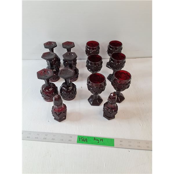 Vintage Avon Cape Cod Ruby Red (12)Glass Goblets and (2)Salt Pepper Shakers -