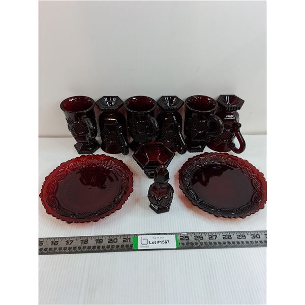 Vintage Avon Cape Cod Ruby Red (6) Glasses With Handles, (2) Plates, Small Bowl, Salt Shaker