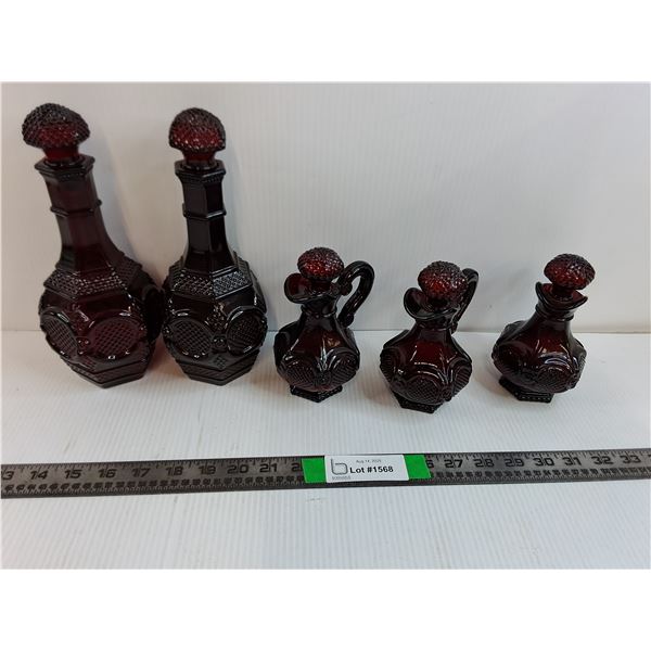 Vintage Avon Cape Cod Ruby Red Glass (2) Decanters, (3) Small Decanters