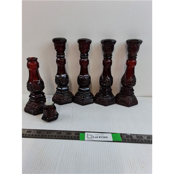 Avon Cape Code Vintage Ruby Red Glass(5)Candle Holders With Lid and Compartment