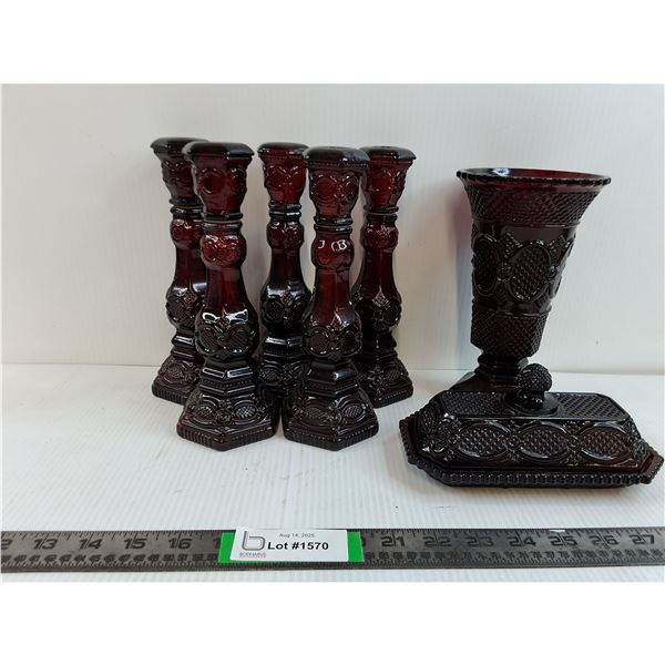 Avon Vintage Ruby Red GlassVase, (5) Candle Holders With Compartments, Butter Dish