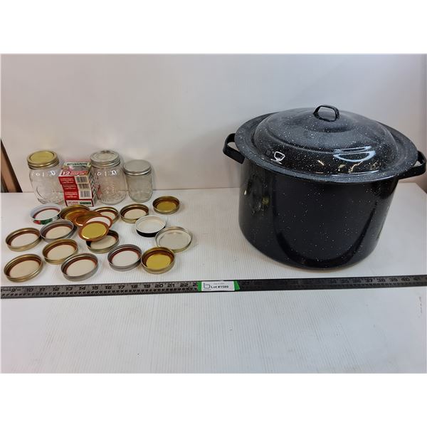 Enamel Canning Pot with Rack, (3) Mason Jars, Assorted Misc Lids/Seals