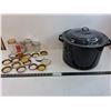 Image 1 : Enamel Canning Pot with Rack, (3) Mason Jars, Assorted Misc Lids/Seals