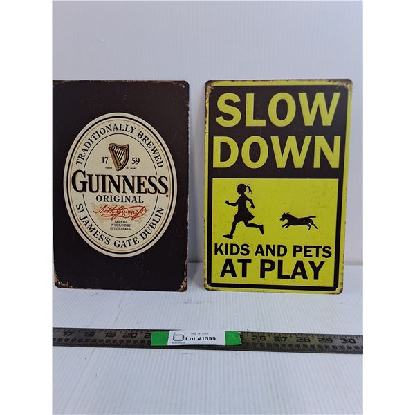 Guinness Brewery sign and Slow Down Kids and Pets At Play Sign Aluminum