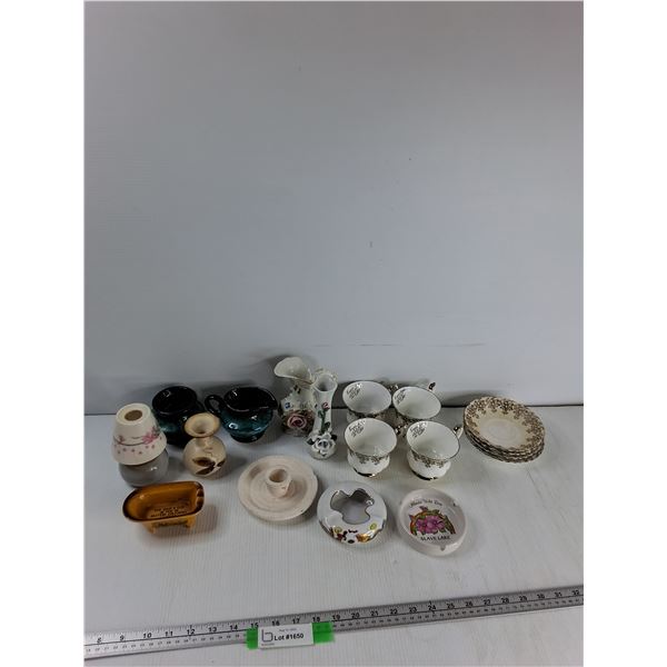 Candle Holder, (4) Cups And Saucers, Ashtray, Misc