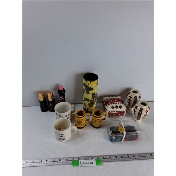 (2) Salt & Pepper Shakers, (2) Cups, Candle, Misc - CANNOT SHIP