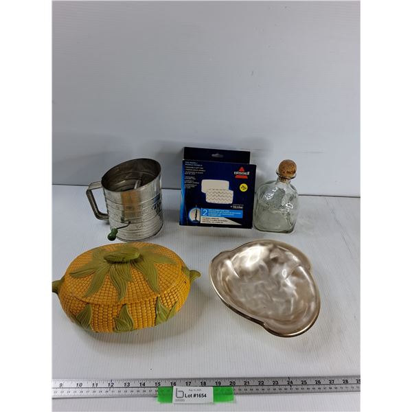 Vintage Flour Sifter, Glass Tequila Bottle, Corn Shaped Serving Dish, Misc