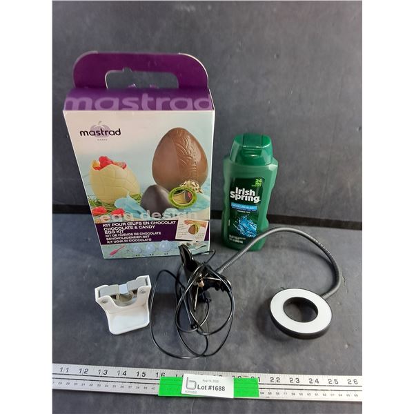 Wall Broom Holder, Chocolate & Candy Egg Kit, Irish Spring Shampoo and Clip On Desk Lamp - As Is