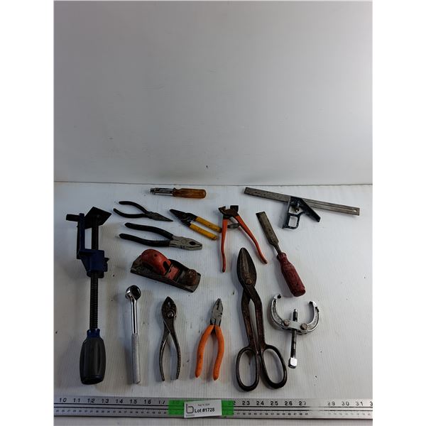 Wood Plane, Pliers, Chisel, Wire Strippers, Ratchet Wrench, Tin Shears, Nail Puller and Misc