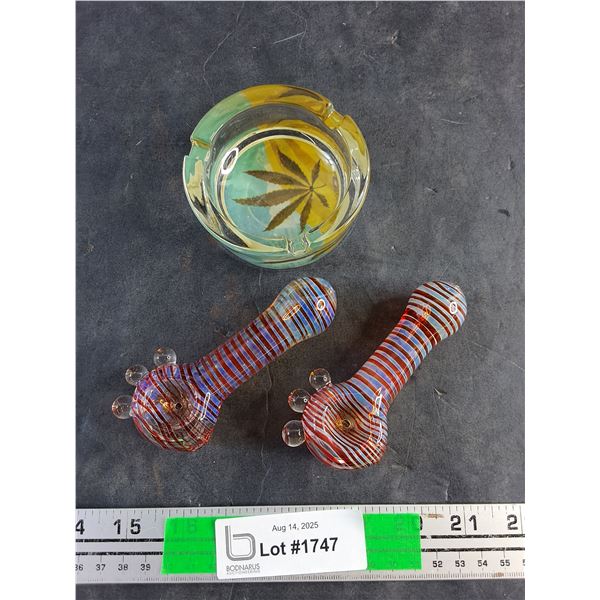 (2) Glass Smoking Pipes, Glass Ash Tray