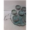 Image 3 : (7) Blue Glass Canning Jars and Jar Canning Rack