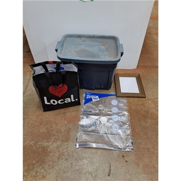 **Ziploc Space Bags 23" x 18", Picture Frame 13" x 11" and Plastic Tote with Lid 24" x 15" x 16"