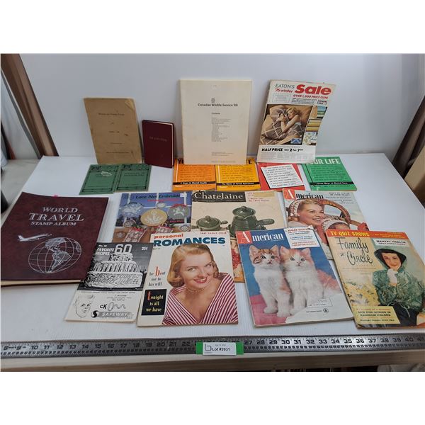 (8) Magazines, (9) Books, Blank World Travel Stamp Album