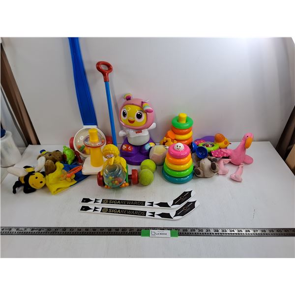 Lot of Various Fisher Price Toys, (2) 17″ Mini Hockey Sticks, Flamingo Beanie Baby, Misc