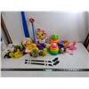Image 1 : Lot of Various Fisher Price Toys, (2) 17″ Mini Hockey Sticks, Flamingo Beanie Baby, Misc