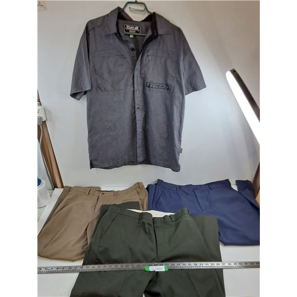 (2) Haggar Clothing Size 30, GSX Pants Size 38x32, Scofflaw Icon large Shirt