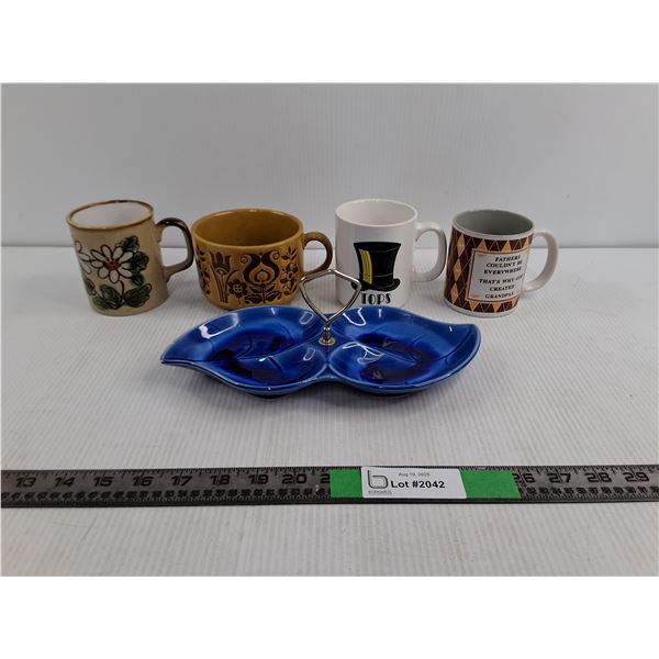 (4) Cozy Mugs, Blue Ceramic Leaf Dish