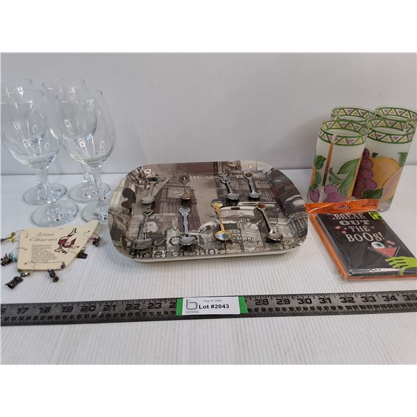 Wine Lot -(4)Wine Glasses, (8)Collector Spoons, Wine Charms, Invites, (4) Glasses, Serving Dish