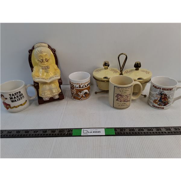 (4) Mugs, Condiment Ceramic Serving Tray, Retirement Fund Granny Bank