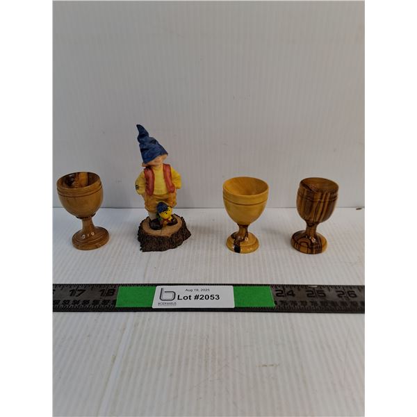 2001 Jones And Catie Resin Gnome With (3) Wood Turned Mini Goblets