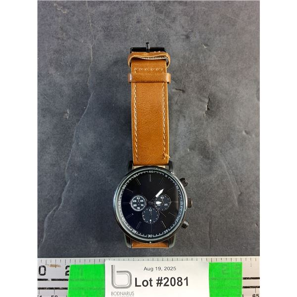 Accutime Large Black Faced Watch with Brown Band, Works, As Is