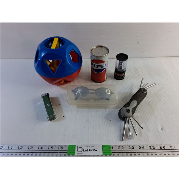 Vintage Pepsi Can, Saskatchewan Roughriders Power Bank, Budweiser Stanley Cup, Multi Tool and Misc