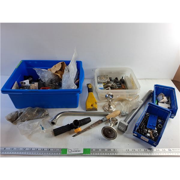 Assorted Industrial Surplus - Electrical Parts, Scraper, Hole Saw, Containers, Nuts and Misc