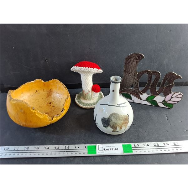 Vintage Wooden Planter, Knitted Mushroom, Vase and Love Desk Decor