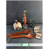 Image 1 : African Figures, Tie Clips, Ceramic Vase, Cufflinks and Wooden Salad Spoons