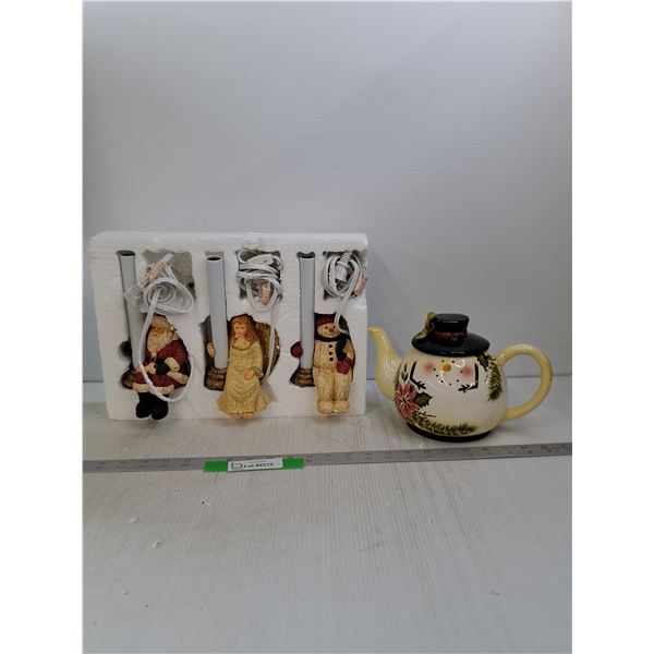 (3) Hand-Painted Decorative Holiday Lights & Snowman Teapot- Powers On