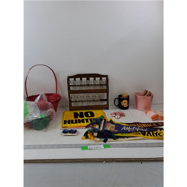 Flags & Signs, Bottle Rack And Bottles, Pins
