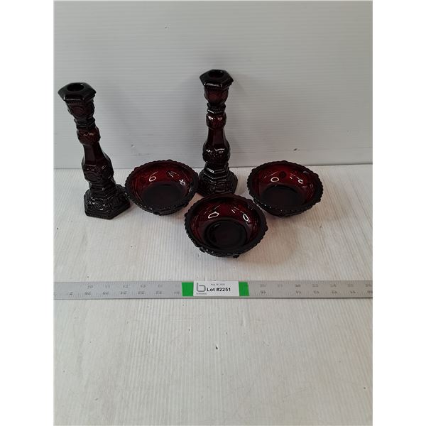Vintage Avon Cape Cod Ruby Red Glass (2)Candle Holders With Compartment, (3) Glass Dessert Bowls