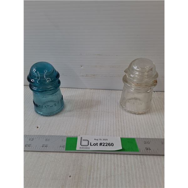 (2) Vintage Insulators-Hemingray No. 9 Aqua Blue-Green, Dominion 9 Insulators