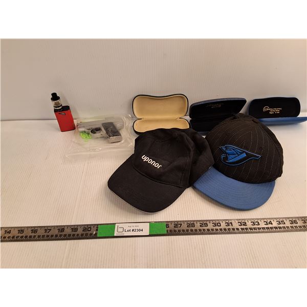 Vape, Airsoft Spring Loaded Gun, (3) Glasses Cases, (2) Baseball Caps