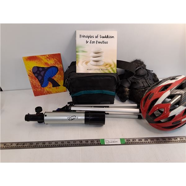 Mushroom Painted Canvas, Telescope Foldable, Bike Helmet, Zen Book, Camera Carry Case, Gorilla Stuff