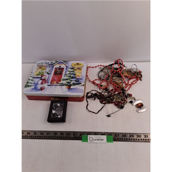 Lot Of Various Necklaces And Jewelry, 10" x 9" Metal Tin