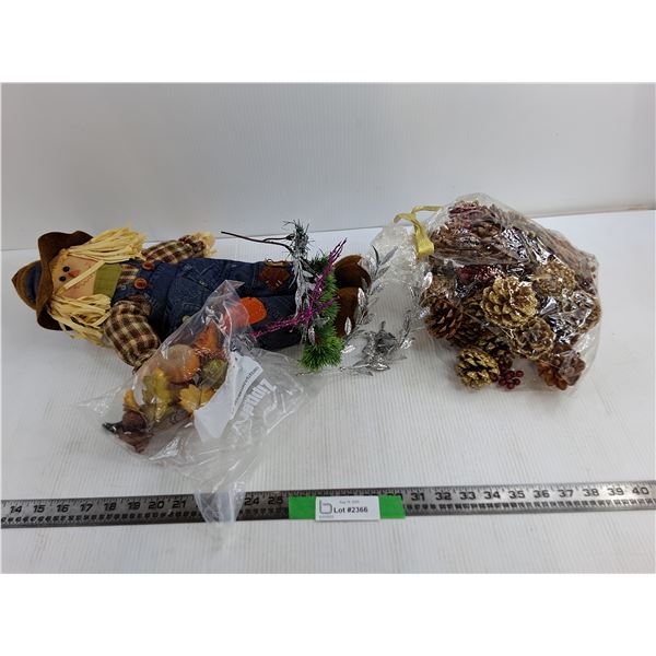 Lot of Fall Decor, 17″ Scarecrow, Pinecones, Misc