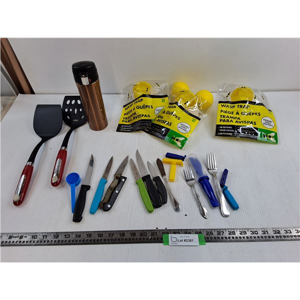 (3) New Wasp Traps, (2) Spatulas, (6) Knives, Misc