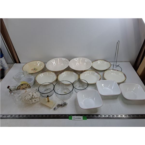 (14) Misc Bowls, Westclox Alarm Clock, LG Earbuds, Misc