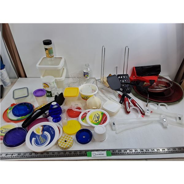 Lot of Food Container Lids, Spatulas, Coat Hangers, Misc