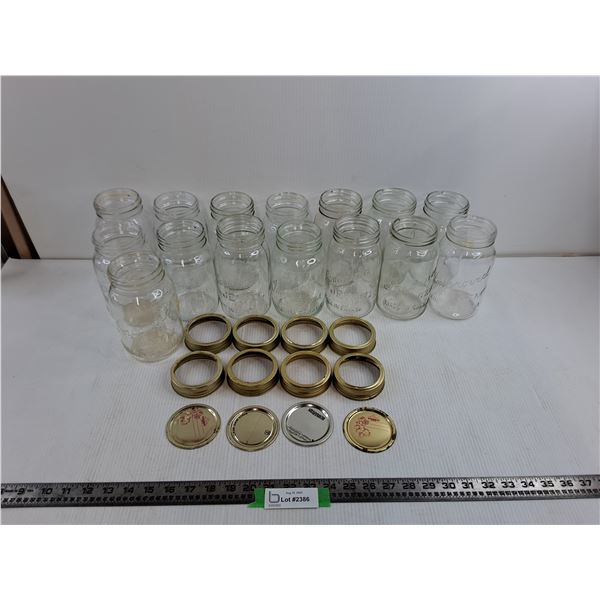 (15) 7″ Glass Jars, Dominion, Imported, (8) Metal Caps