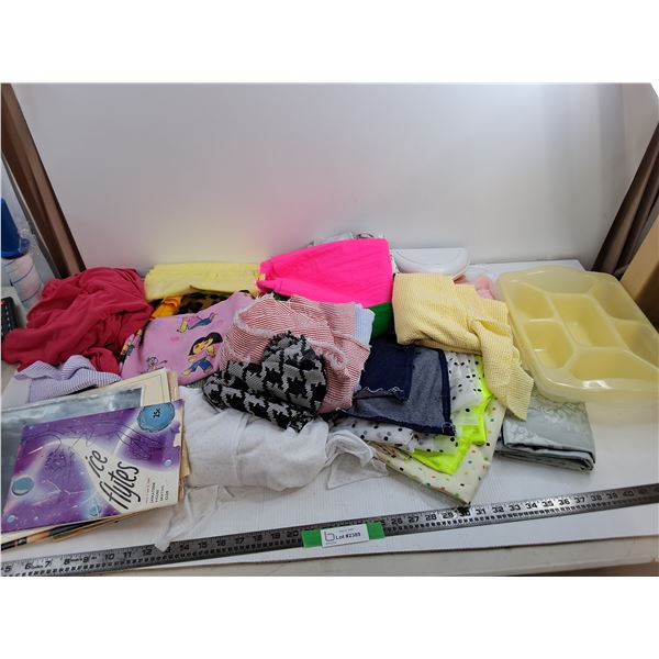 Lot of Fabric Remnants, 15x11x3″ Container, 1960 Ice Flytes Magazine, Misc