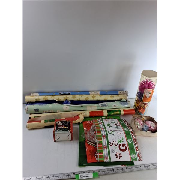 (3) Christmas Bags, Christmas Bows, Assorted Wrapping Paper, Misc