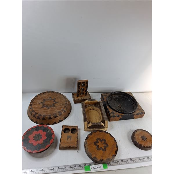 (3) Wooden Trays, Bowl Holder, Wooden Decoration, Misc