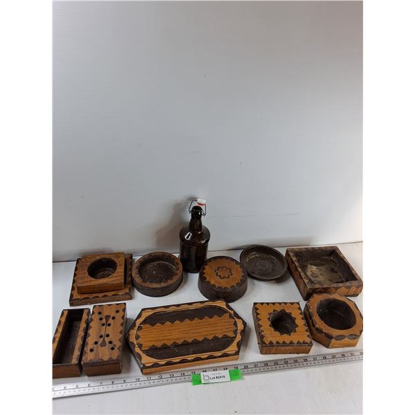 (2) Candle Holders, Ashtray, Glass Bottle