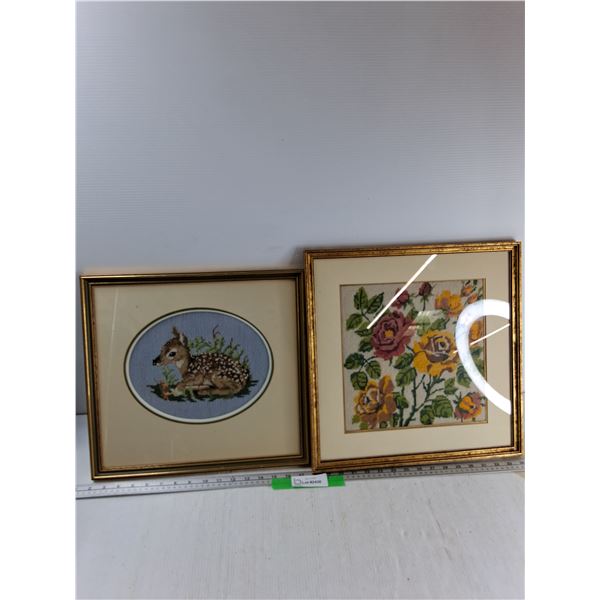 Framed Cross Stiched Deer 16'' x 14'', Cross Stiched Flowers 16.5'' x 16.5'' - As Is
