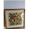 Image 4 : Framed Cross Stiched Deer 16'' x 14'', Cross Stiched Flowers 16.5'' x 16.5'' - As Is