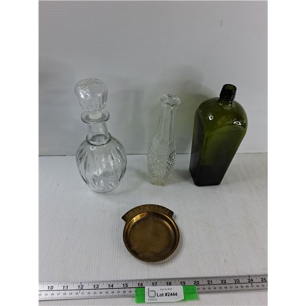 Glass Decanter, Crystal Vase, Antique Gin Bottle, Brass Small Change Tray