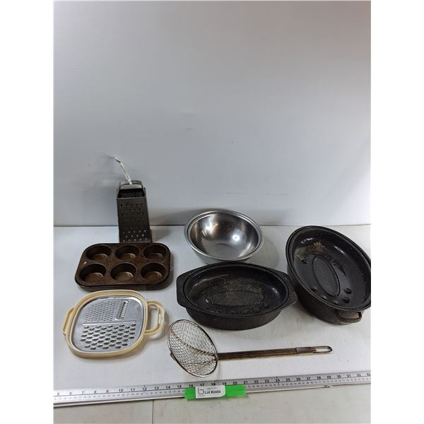 (2) Graters, Muffin Tin, (2) Bowls, Misc