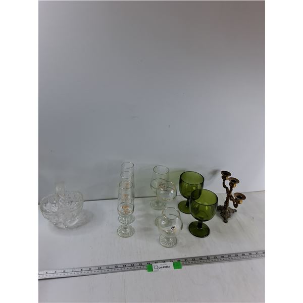 Candle Holder, (6) Olympic Glasses, Crystal Basket, (2) Glass Goblets
